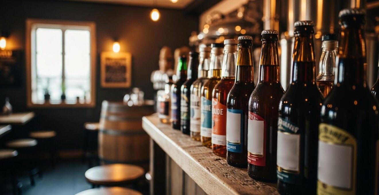 Photo réaliste d'un assortiment de bières artisanales et d'une bouteille de gin premium sur un comptoir en bois dans une ambiance chaleureuse