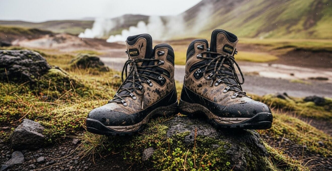 Paire de chaussures de randonnée imperméables Gore-Tex posée sur sol volcanique islandais humide