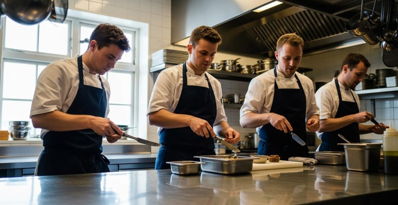 Photo réaliste montrant trois chefs islandais dans une cuisine professionnelle avec ambiance dynamique et ingrédients frais
