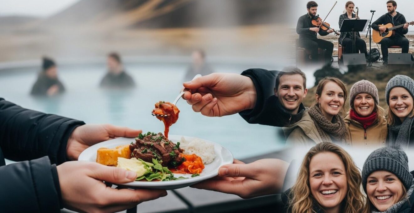 Collage symbolique d'activités islandaises typiques : piscine géothermique, gastronomie, musique, échanges humains