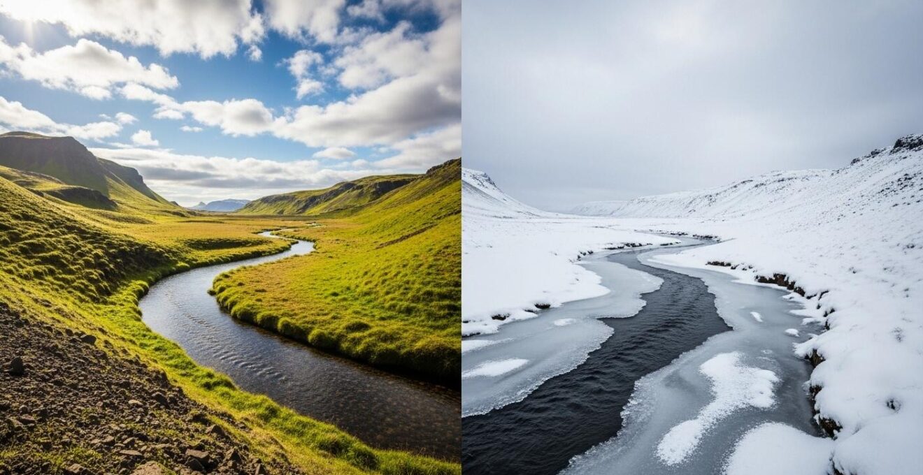 Comparaison artistique symbolique entre paysage islandais estival et hivernal