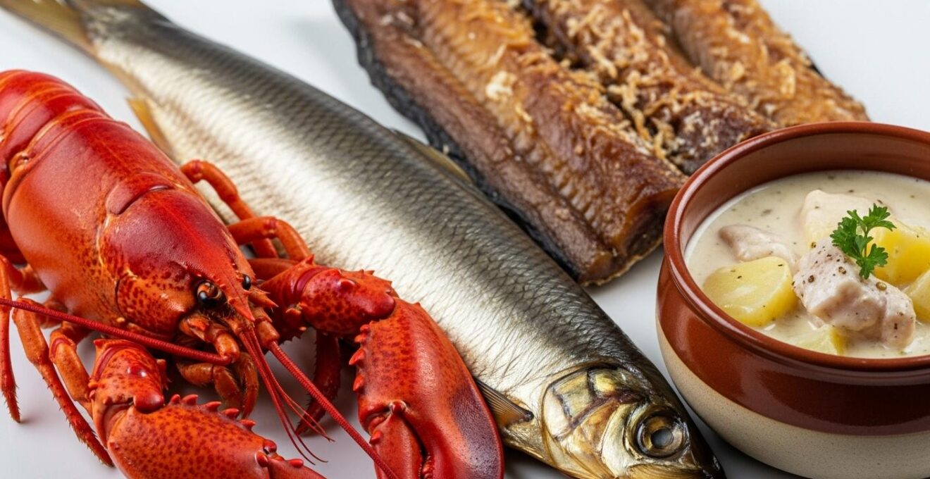 Photographie réaliste de quatre trésors de la mer islandaise : homard, hareng fumé, poisson séché et plokkfiskur en gros plan