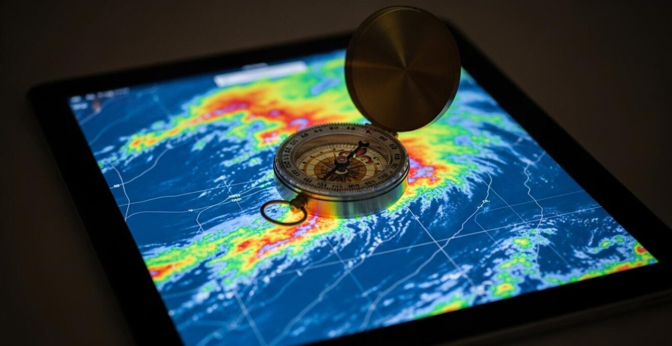 Concept visuel symbolique de navigation digitale sûre avec boussole et écran lumineux