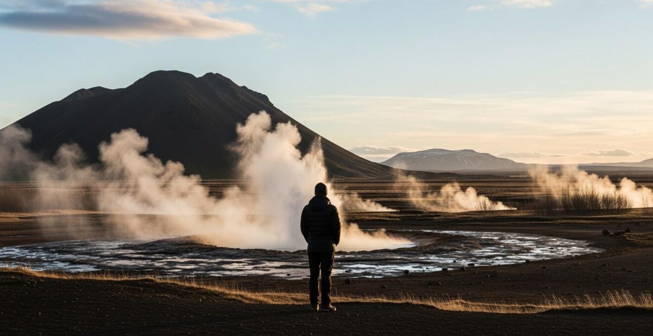 Photographie réaliste d'un paysage islandais avec éléments humains illustrant l'identité culturelle