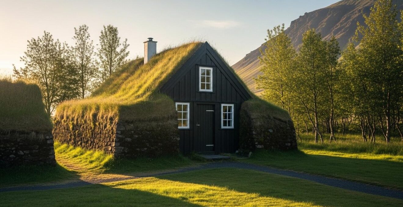 Maison traditionnelle islandaise en tourbe avec toit de gazon en pleine nature islandaise