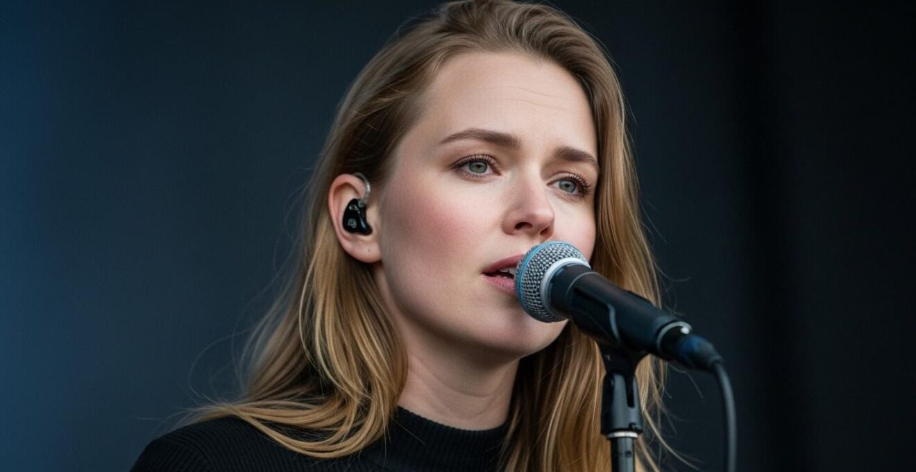 Portrait en lumière douce d'une chanteuse islandaise sur scène avec un fond sombre flou