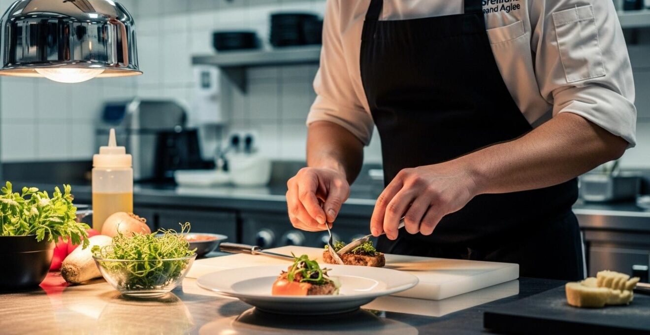 Photographie réaliste de chefs islandais préparant des plats modernes avec des ingrédients locaux dans un restaurant élégant à Reykjavik