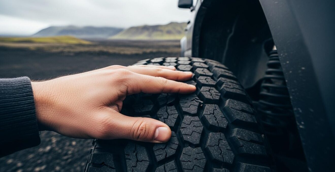 Détail rapproché d'une main qui inspecte les roues d'un 4x4 sur un terrain islandais