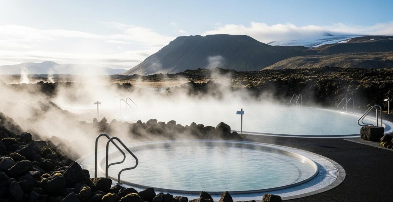 Piscine municipale géothermique islandaise en plein air entourée de paysage naturel volcanique sous un ciel lumineux