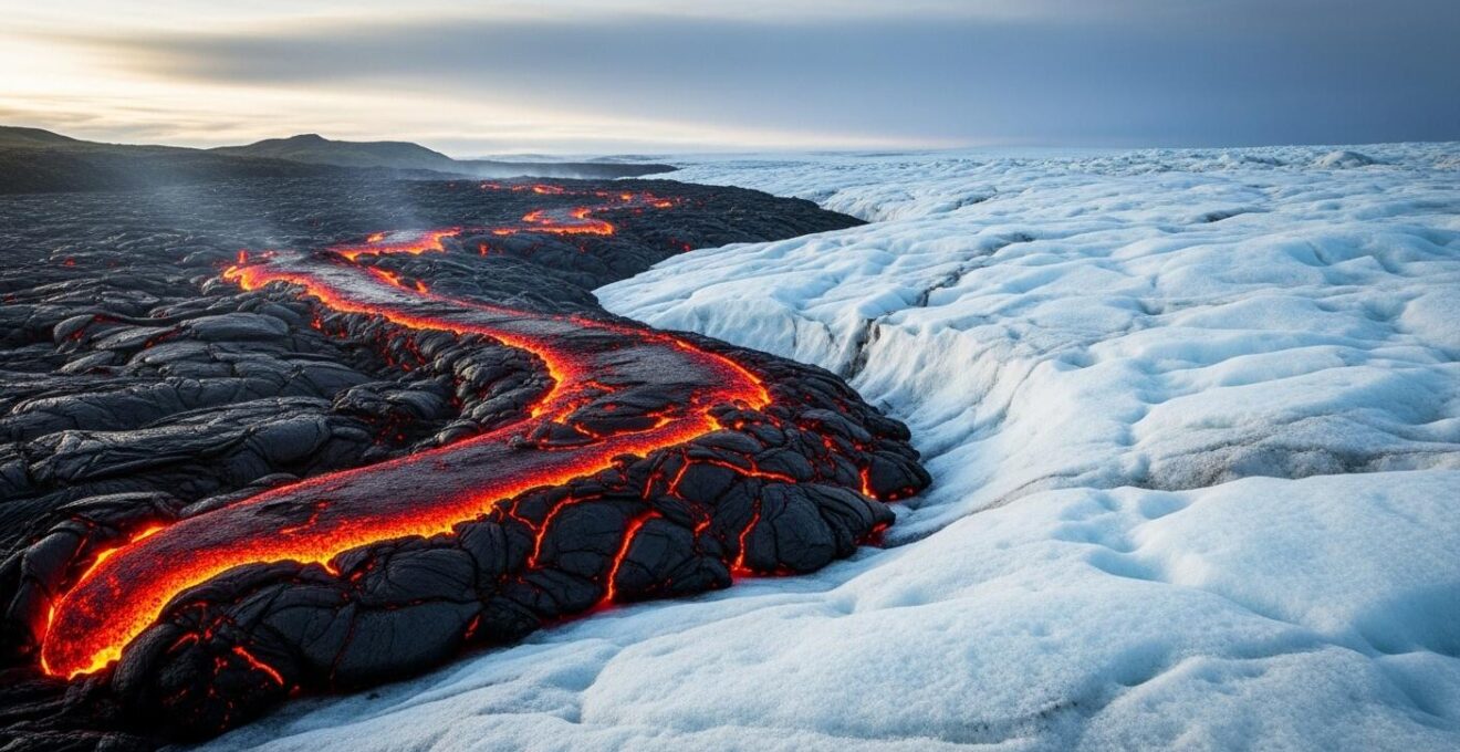 Paysage islandais spectaculaire avec une coulée de lave incandescente côtoyant un glacier blanc immaculé sous un ciel lumineux
