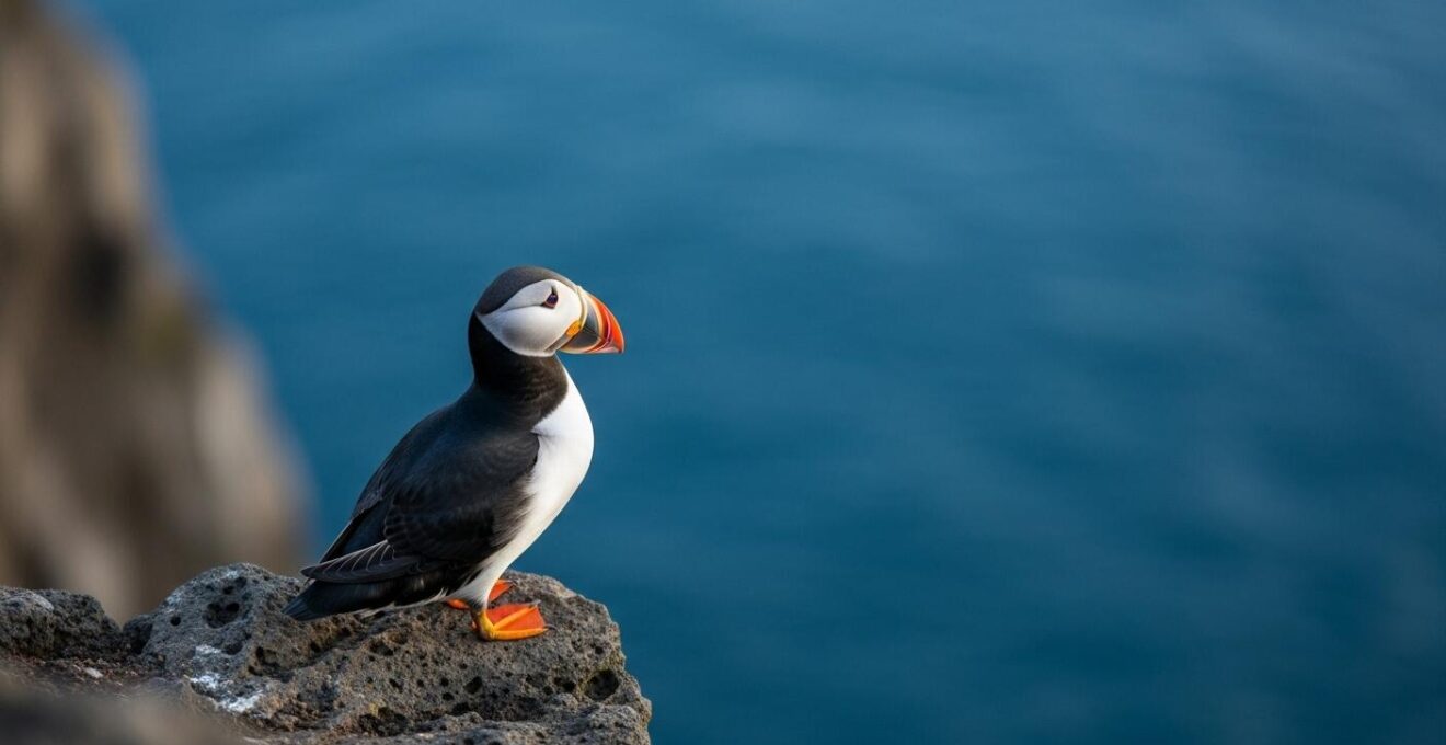Photographie réaliste d'un macareux moine sur une falaise islandaise au lever du soleil
