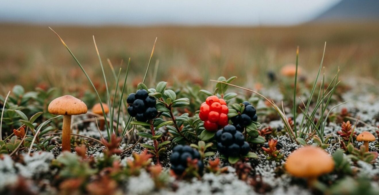 Gros plan réaliste sur des ingrédients sauvages islandais frais posés sur un plateau en bois brut