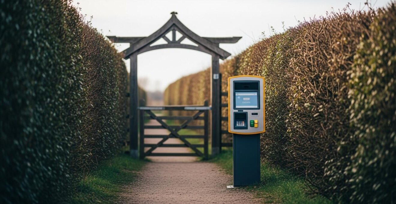 Illustration conceptuelle d'un chemin d'accès naturel avec portail d'entrée et automate de paiement
