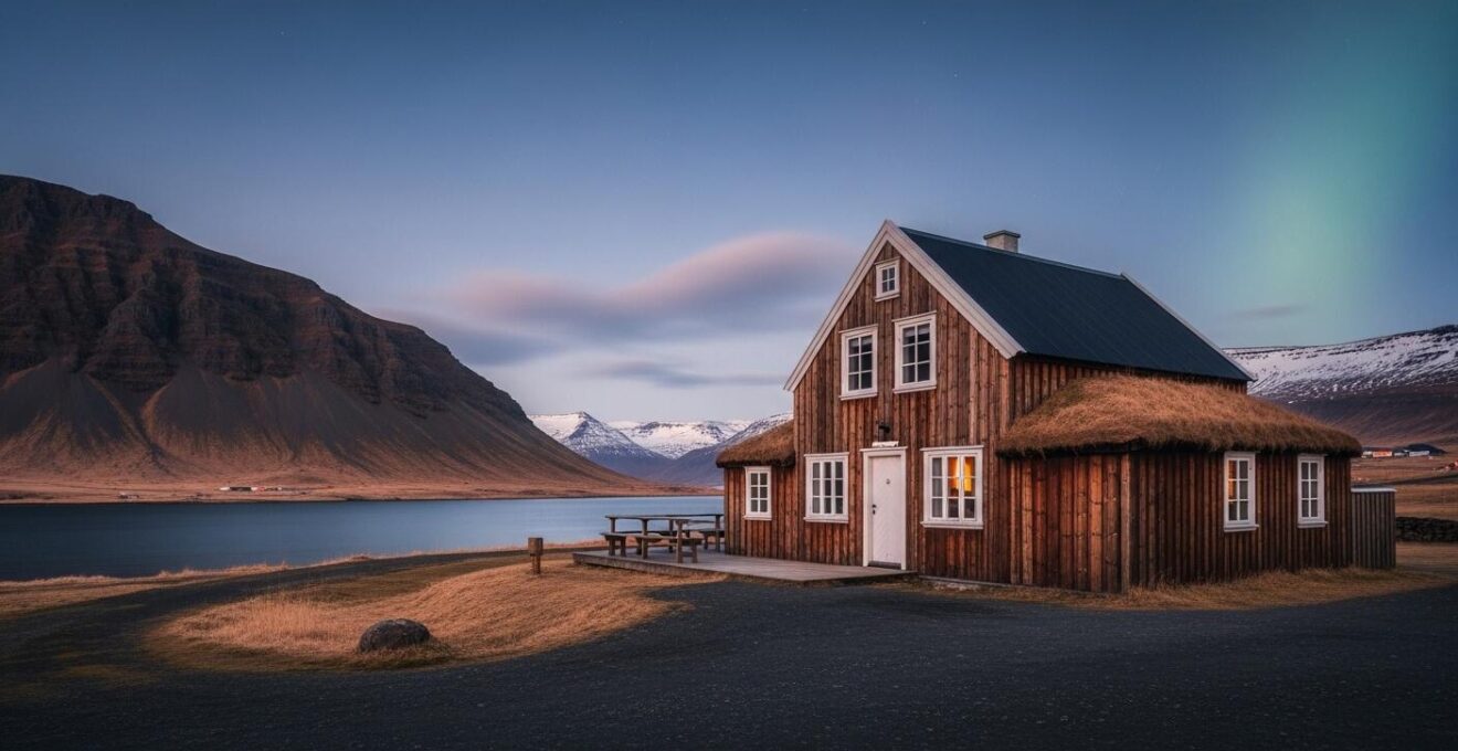 Paysage islandais avec un hébergement typique en guesthouse, nature sauvage en arrière-plan