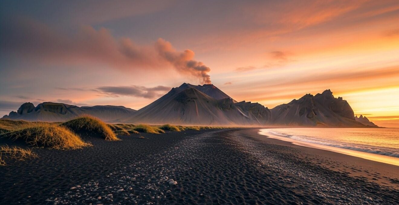 Vue panoramique d'un paysage islandais avec un volcan fumant, une plage de sable noir et un ciel dramatique au coucher du soleil