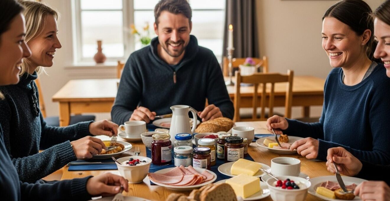 Table conviviale avec des plats traditionnels islandais pour petit-déjeuner en guesthouse