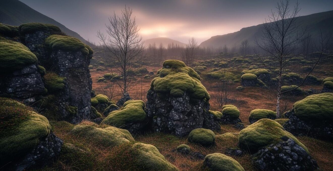 Vue panoramique d'un paysage islandais sauvage et mystique avec une lueur douce au crépuscule, évoquant la présence invisible des elfes dans la nature