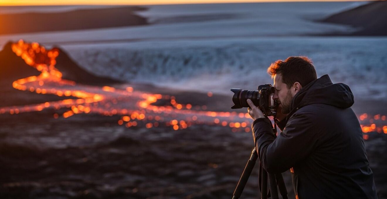 Photographe prenant une photo d'une coulée de lave au coucher du soleil près d'un glacier