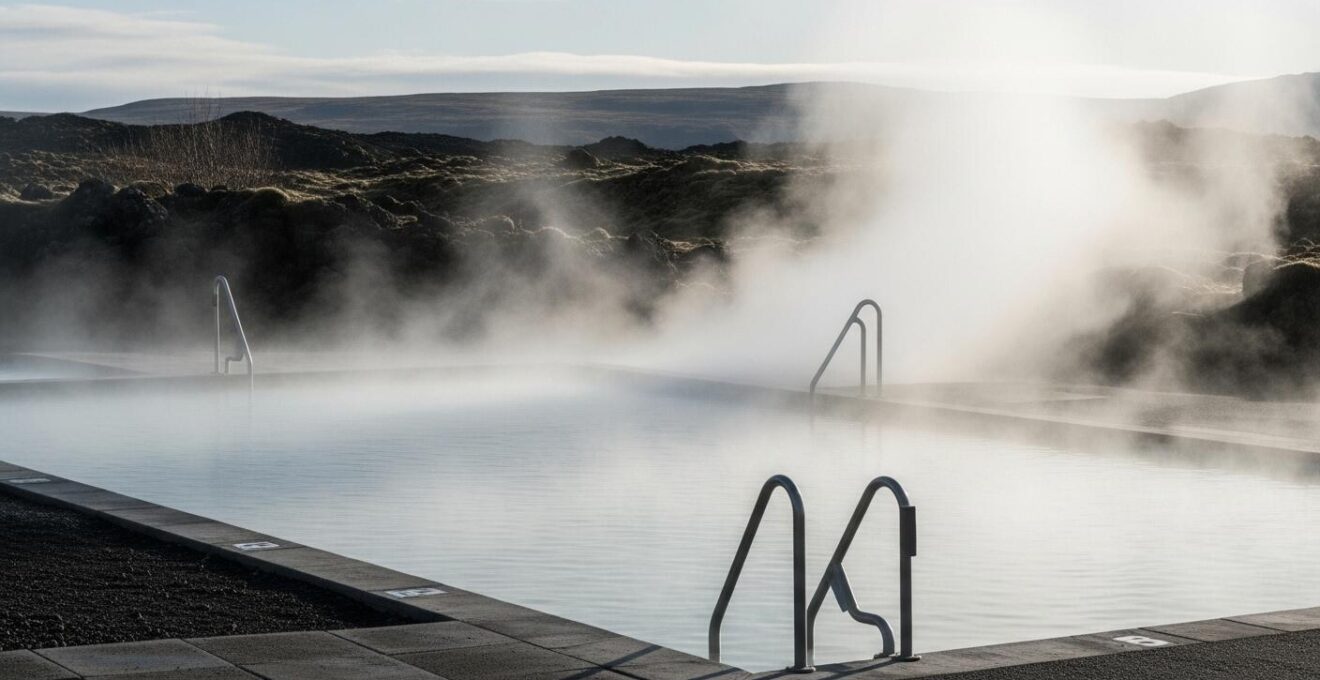Piscine géothermique municipale en Islande avec vapeur et montagnes environnantes