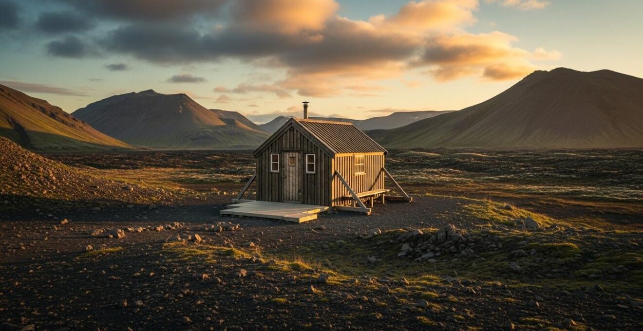 Paysage des Hautes Terres islandaises avec un refuge de montagne isolé au crépuscule
