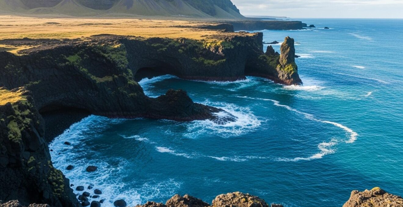Vue panoramique réaliste d'un paysage maritime islandais avec des falaises volcaniques et un océan vibrant au lever du soleil