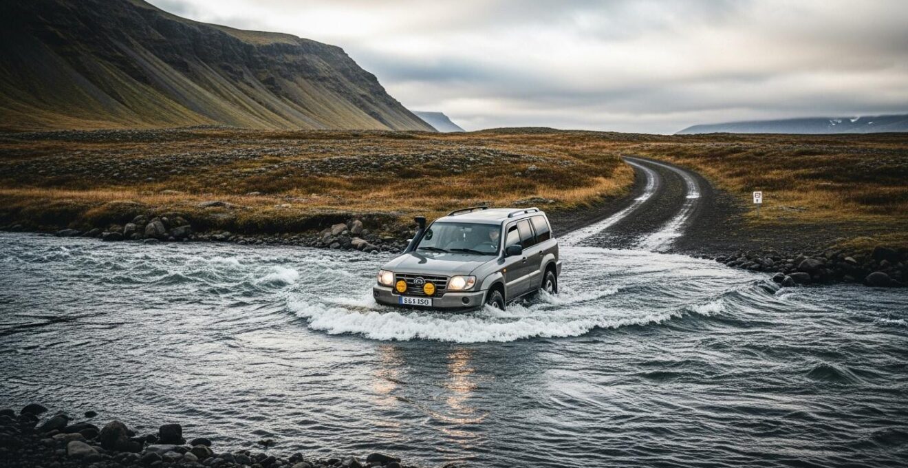 Vue détaillée d'une piste F islandaise en 4x4 traversant un paysage montagneux et sauvage