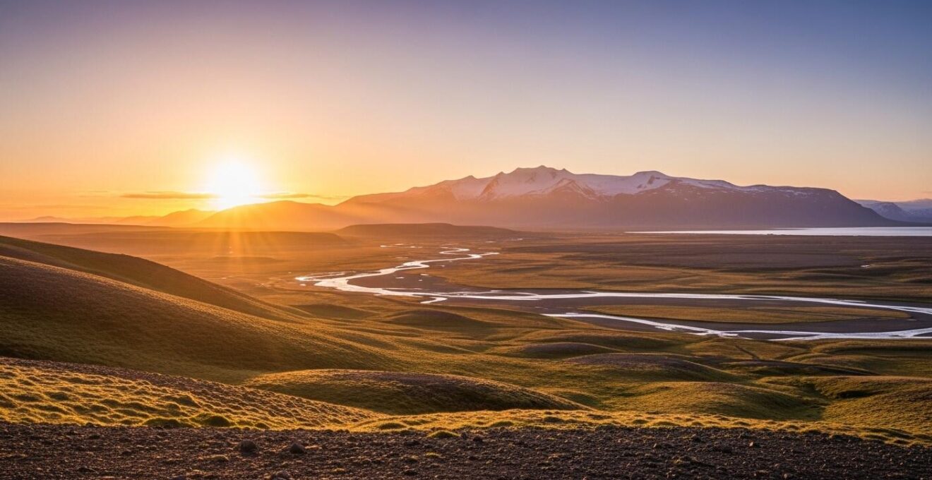 Paysage islandais en été montrant la lumière constante du soleil de minuit