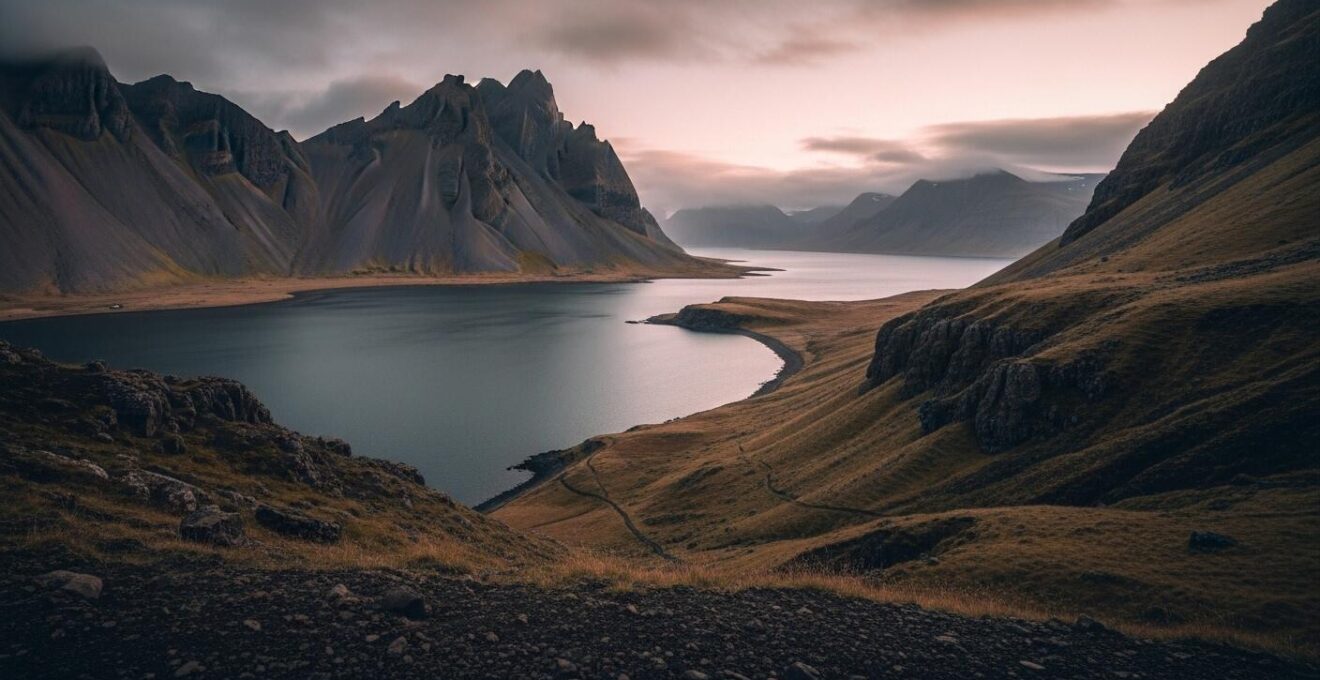 Paysage islandais épique au crépuscule évoquant les sagas médiévales nordiques