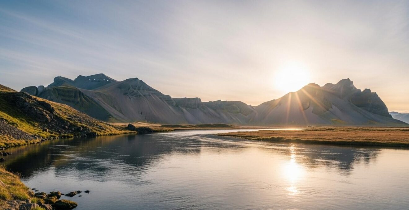 Paysage islandais en été avec soleil de minuit, ciel clair et lumière douce