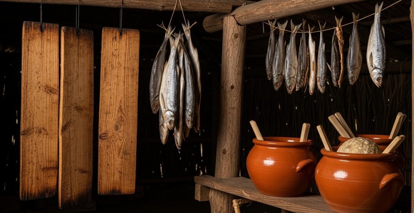 Photographie illustrant les techniques traditionnelles de conservation islandaise : fumage, séchage et fermentation d'aliments