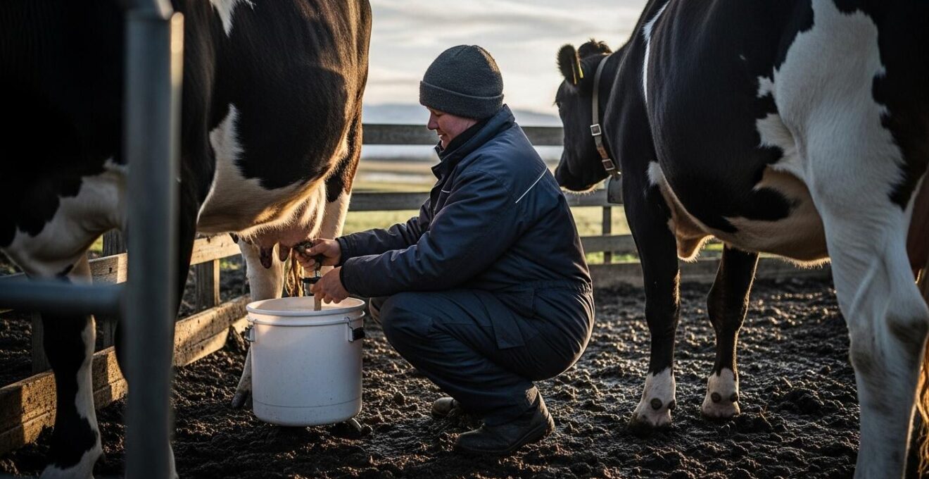 Photo documentaire d'une personne participant aux tâches agricoles au lever du jour dans une ferme islandaise