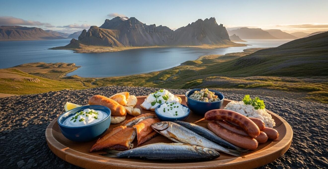 Paysage islandais avec vue sur montagnes et fjords, accompagné d'un plateau de spécialités culinaires traditionnelles islandaises