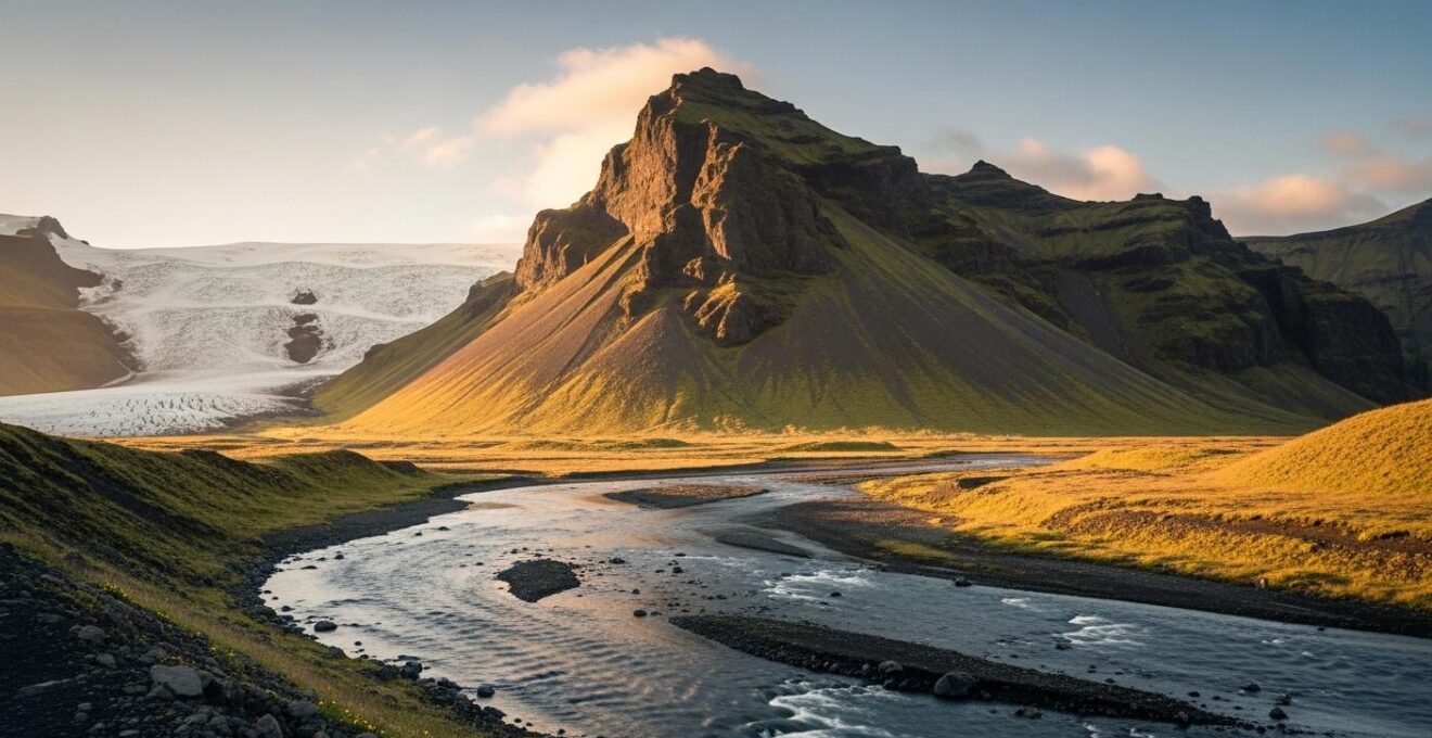 Paysage islandais en été avec le soleil de minuit illuminant des montagnes volcaniques et une rivière glacée