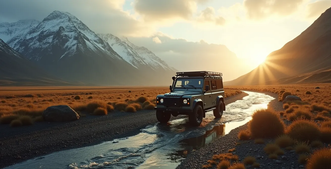 Vue panoramique d'un paysage naturel islandais avec un véhicule 4x4 traversant une piste de haute terre, montagnes et rivières en arrière-plan