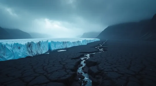 Paysage islandais montrant un glacier bleuâtre et une coulée de lave noire sous un ciel dramatique