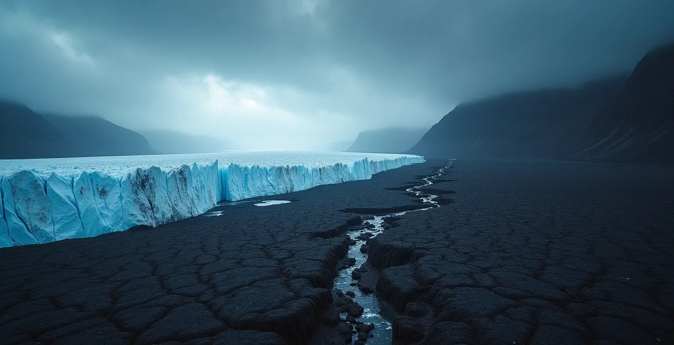 Paysage islandais montrant un glacier bleuâtre et une coulée de lave noire sous un ciel dramatique