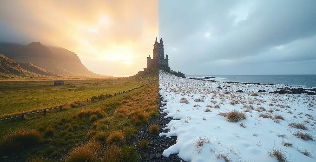 Comparaison visuelle entre site naturel islandais en été avec végétation luxuriante et en hiver sous la neige avec ciel gris