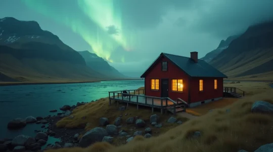 Paysage islandais avec logement authentique intégré, mettant en valeur une expérience de voyage immersive