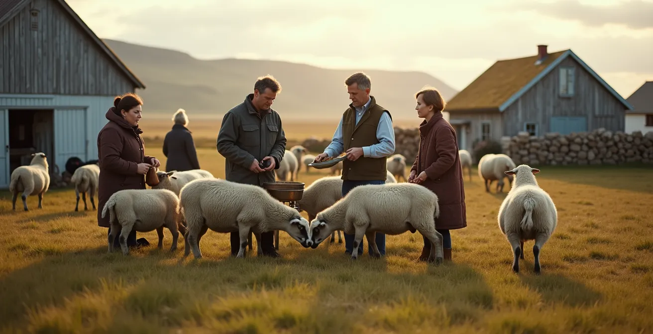 Scène de vie quotidienne dans une ferme islandaise montrant la famille travaillant ensemble entre activités agricoles et accueil touristique