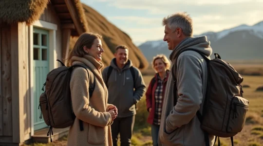 Famille islandaise accueillant chaleureusement des voyageurs devant une guesthouse traditionnelle au toit de tourbe avec paysage volcanique en arrière-plan