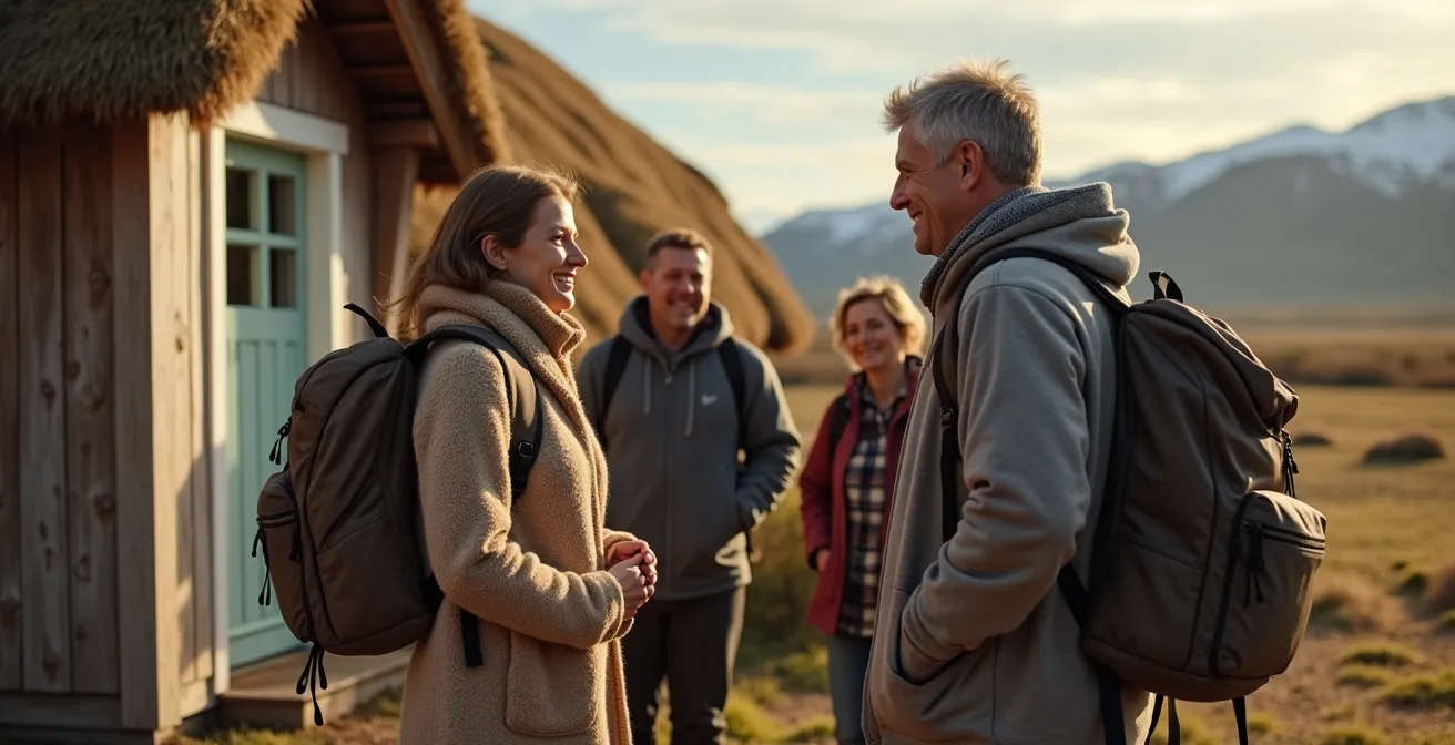 Famille islandaise accueillant chaleureusement des voyageurs devant une guesthouse traditionnelle au toit de tourbe avec paysage volcanique en arrière-plan