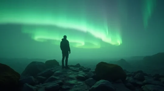 Une silhouette humaine se fondant dans un paysage islandais brumeux avec rochers et aurores boréales en arrière-plan