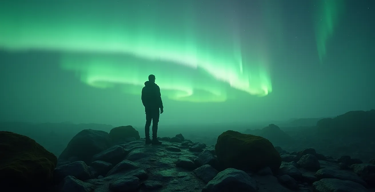 Une silhouette humaine se fondant dans un paysage islandais brumeux avec rochers et aurores boréales en arrière-plan