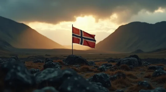 Portrait artistique symbolisant l'identité islandaise unique, avec des éléments culturels traditionnels sur fond de paysage volcanique