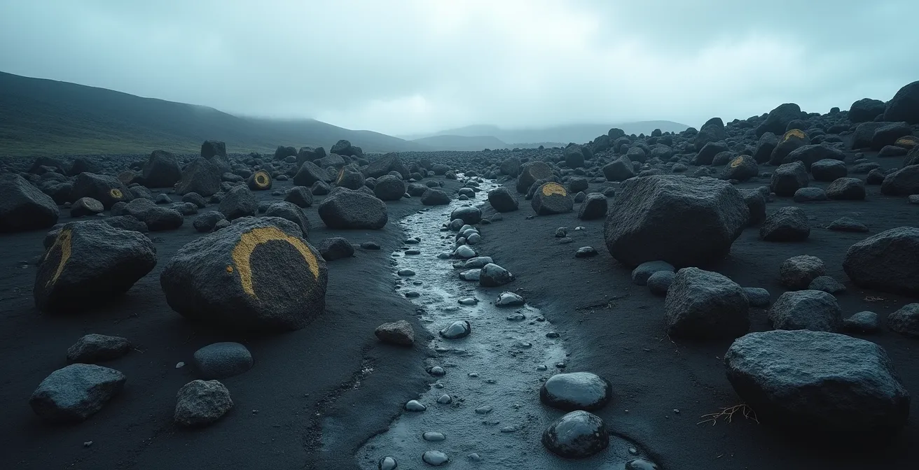 Touristes piétinant un champ de lave avec rochers sacrés érodés