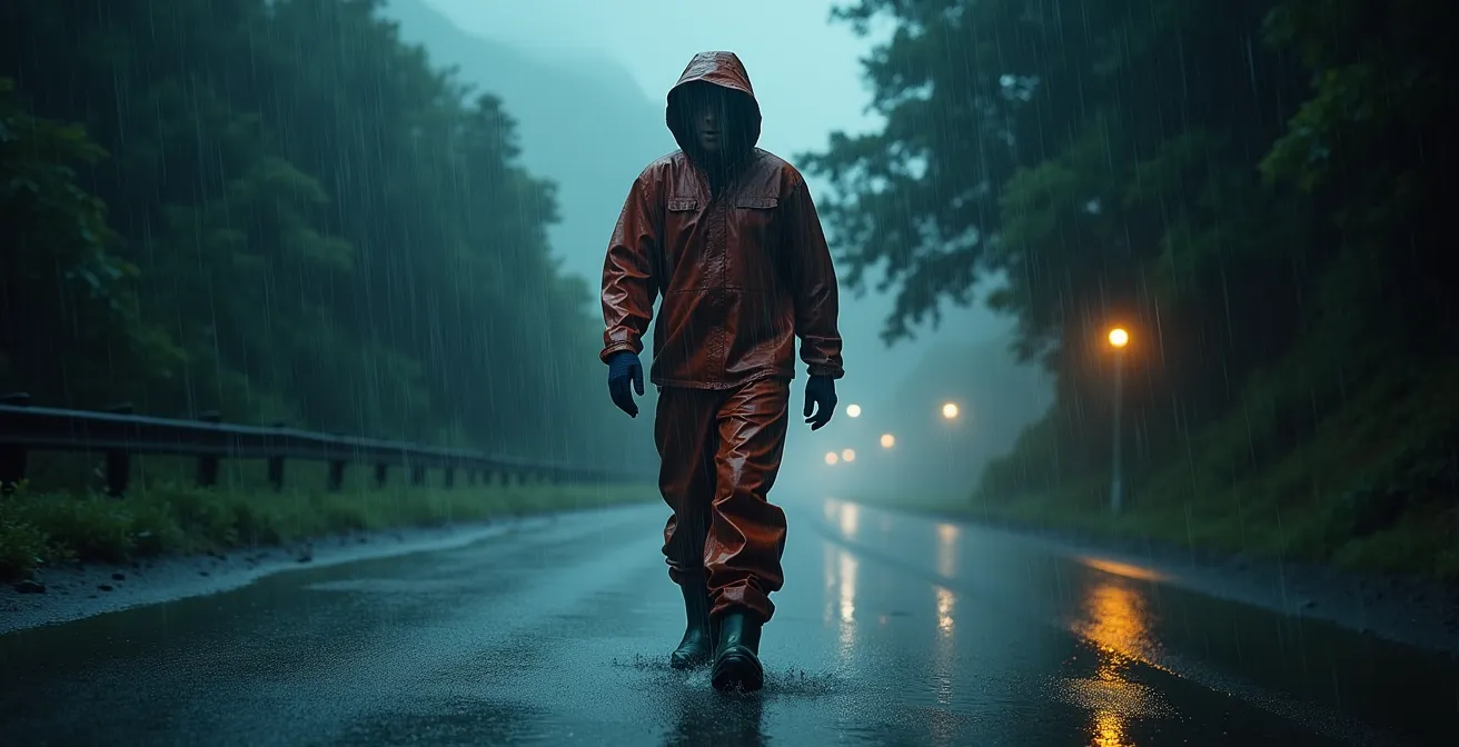 Personne sous une pluie battante en Islande portant un équipement complet imperméable incluant veste, pantalon et chaussures