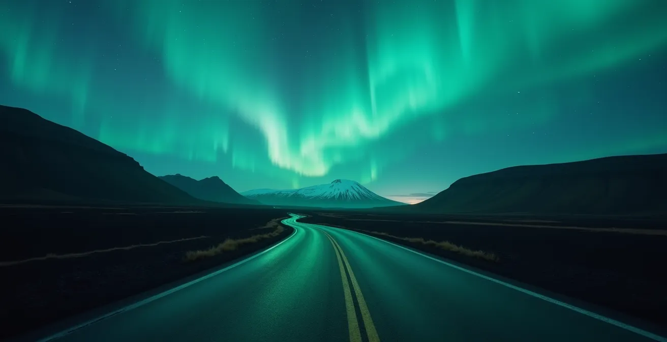 Paysage emblématique islandais avec route sinueuse, volcans en arrière-plan et aurore boréale dans le ciel nocturne