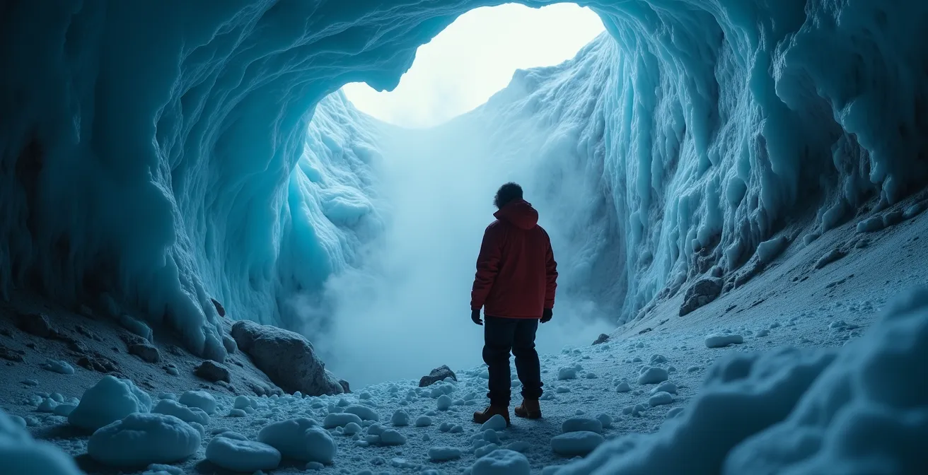 Vue d'artiste du volcan Katla en éruption sous le glacier Mýrdalsjökull