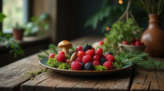 Assiette gourmande avec ingrédients de la forêt boréale (baies, herbes, champignons) posée sur bois brut