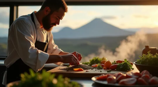 Vue panoramique d'un chef islandais en cuisine, entouré d'ingrédients locaux volcaniques et d'éléments naturels islandais